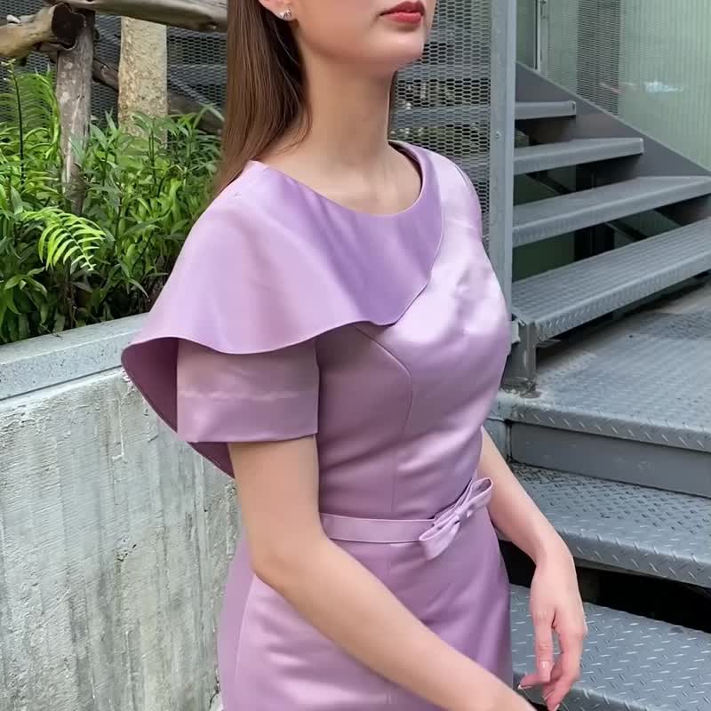 Light purple short dress with a tapered cut, diagonal collar, and short sleeves - One Piece Dresses - Other Materials Purple