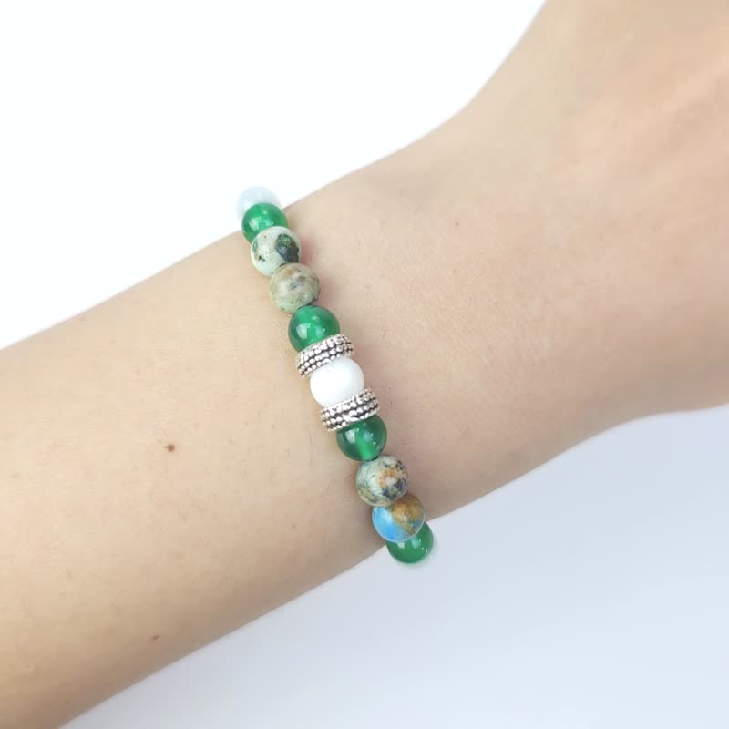 Bifengqi Jade (Phoenix Stone/White Cat's Eye/Green Agate) (14cm) - สร้อยข้อมือ - หิน สีเขียว