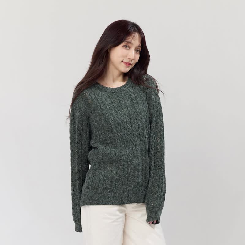 Rita Round Neck Twisted Knit Sweater/ Dark green - Women's Sweaters - Cotton & Hemp Green