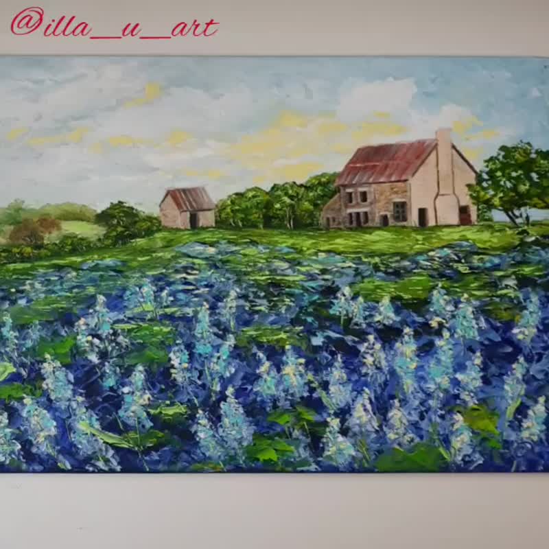 Bluebonnet Painting Farm Original Art Landscape Artwork Impasto Oil Painting - 海報/掛畫/掛布 - 其他材質 多色