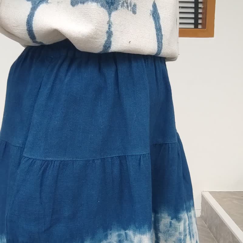 Capri Shorts - 靛藍色紮染闊腿短褲 - 女短褲/五分褲 - 棉．麻 藍色