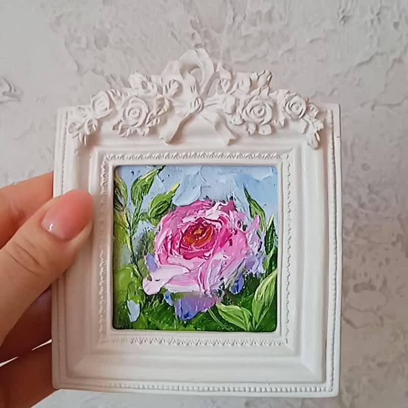 Small painting Original oil painting Rose painting Miniature wall art - 掛牆畫/海報 - 其他材質 粉紅色