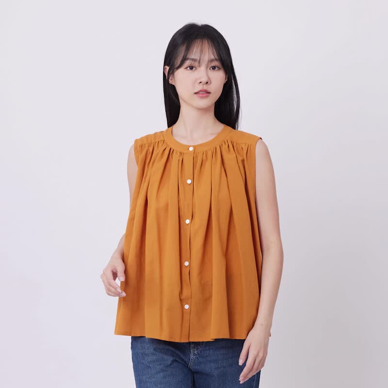 Connie  Sleevless Linen Cotton Shirt Top/ Orange - เสื้อเชิ้ตผู้หญิง - ผ้าฝ้าย/ผ้าลินิน สีส้ม