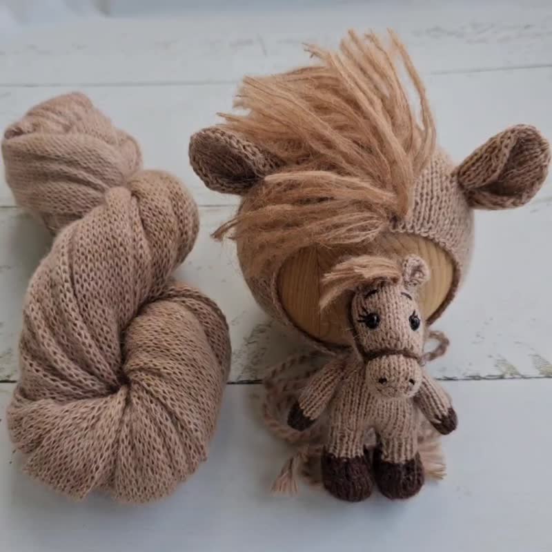 Newborn Horse Hat and stuffed toy, Knitted baby photo prop - 嬰兒手鍊/飾品 - 羊毛 咖啡色