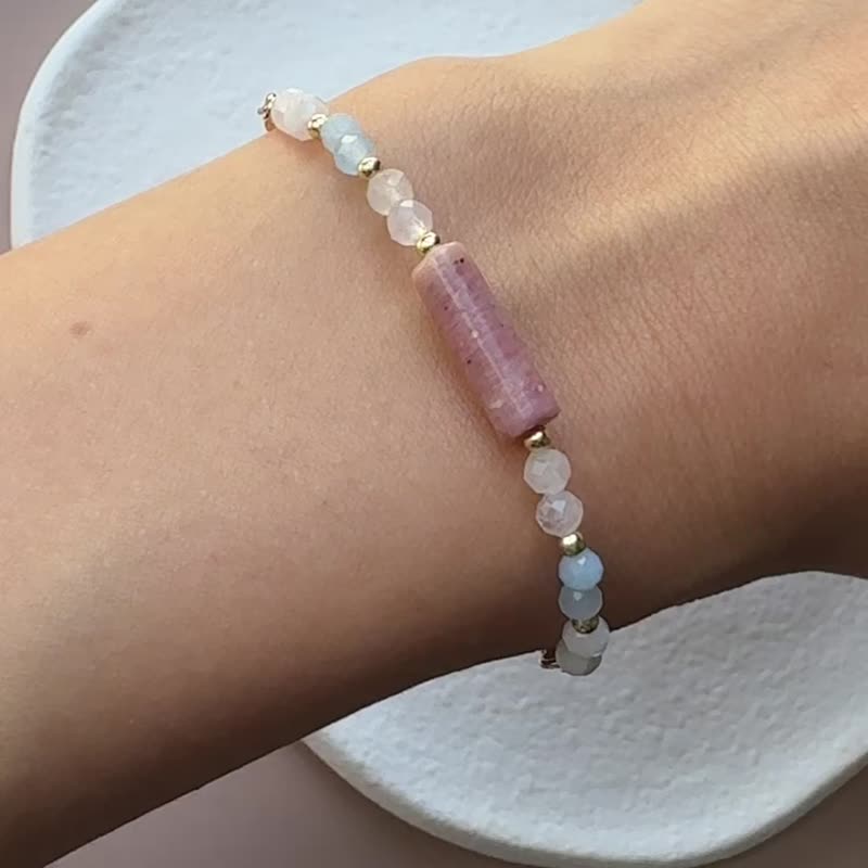 Rhodonite pink crystal aquamarine moonstone natural stone crystal adjustable bracelet Christmas gift - Bracelets - Other Metals Pink