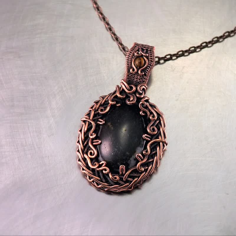 Jasper and Tiger's Eye wire wrapped pendant necklace Unique copper art jewelry - สร้อยคอ - เครื่องเพชรพลอย หลากหลายสี