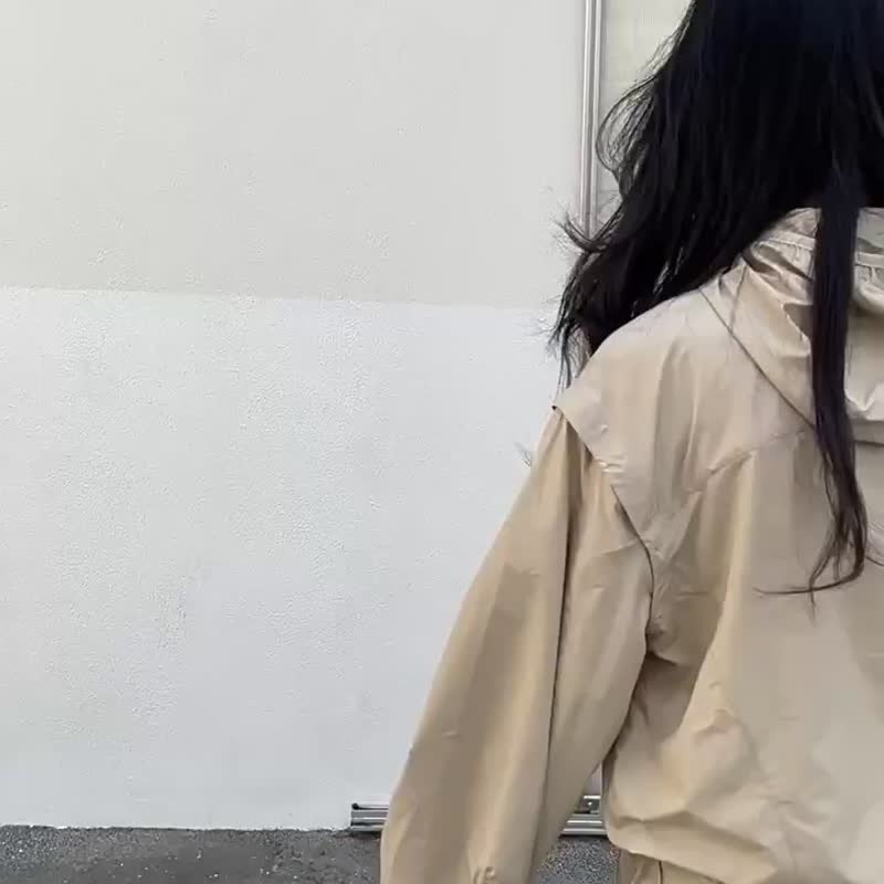 麥芽褐色 輕薄尼龍可拆卸袖子機能外套 廓形寬鬆連帽風殼馬甲夾克 - 女大衣/外套 - 尼龍 卡其色