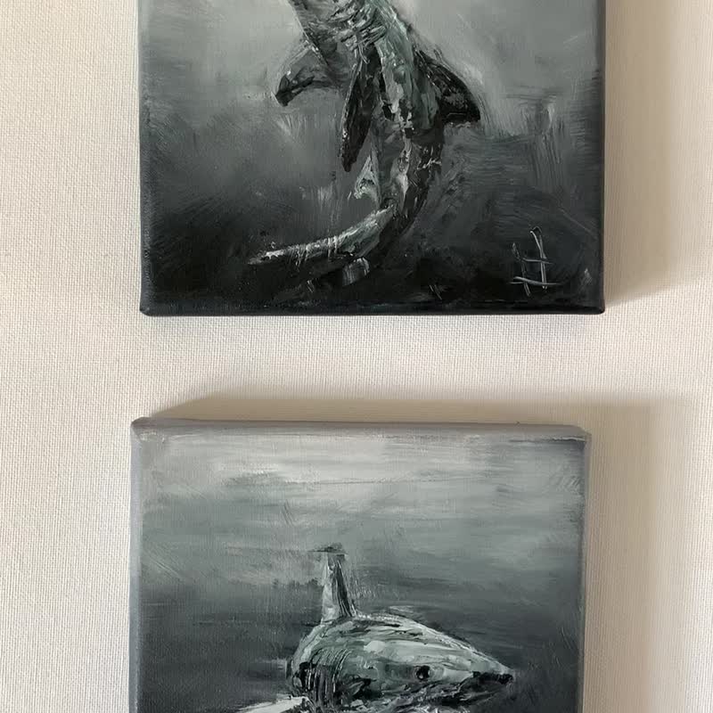 Shark Wall Art Original Painting Oil Mini Paintings Shark Decor - ตกแต่งผนัง - วัสดุอื่นๆ สีเทา