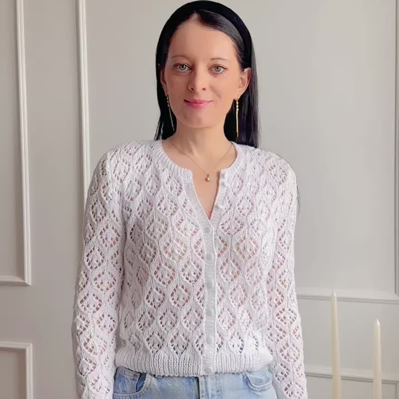 Cropped knitted cardigan Lace top Summer sweater jacket - 女毛衣/針織衫 - 棉．麻 