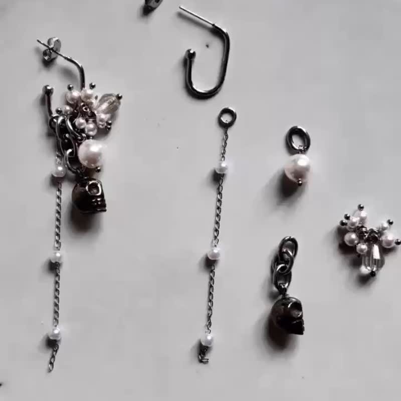 4-in-1 universal earrings (pyrite skull) Stainless Steel pearl earrings can be freely matched and combined - ต่างหู - สแตนเลส สีเงิน