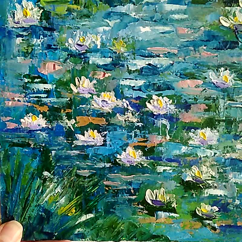 睡蓮油絵オリジナルアート、モネの池の風景、インパスト
