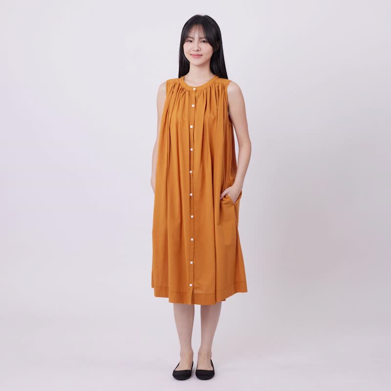 Birdie Floral Natural Cotton Linen Maxi Shirt One-piece/ Mandarin Orange - ชุดเดรส - ผ้าฝ้าย/ผ้าลินิน สีส้ม