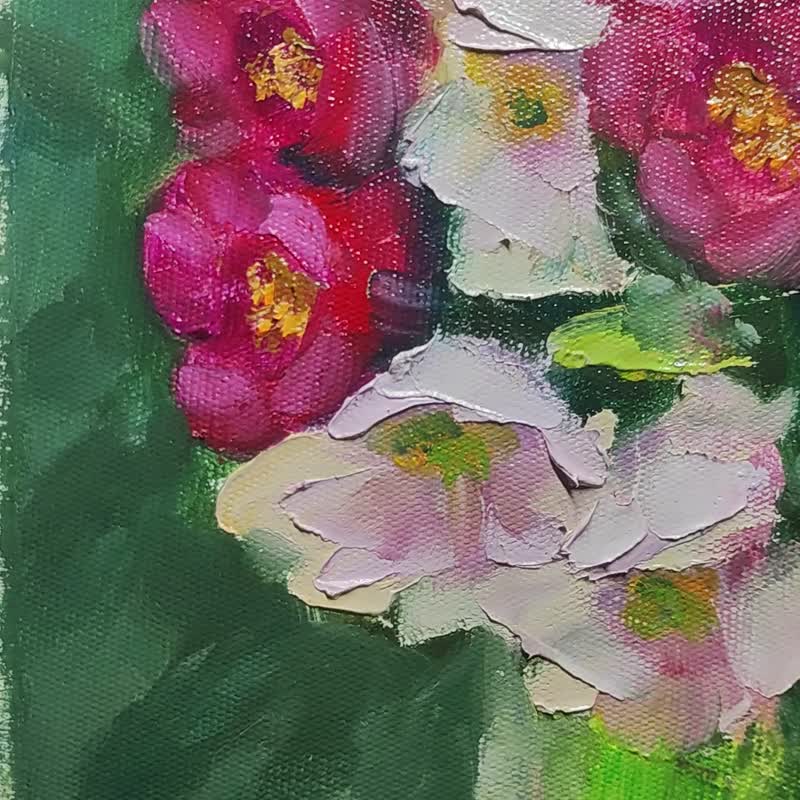 Original Oil Painting Impasto Pink and Red Tulips on Calm Background 7.9x7.9 - 插畫/繪畫/寫字 - 其他材質 