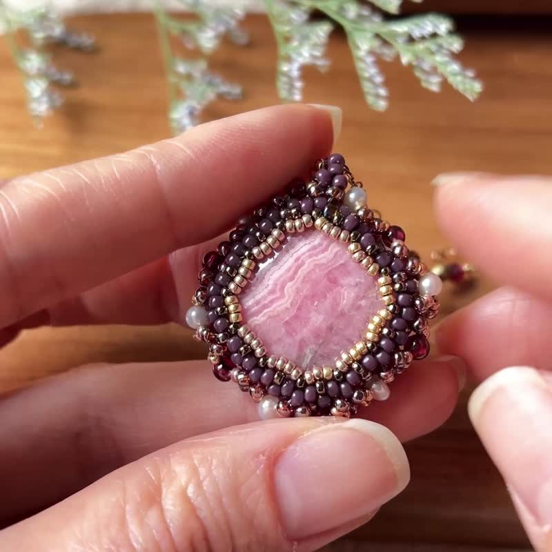 紅紋石 玻璃米珠x天然石 復古 串珠吊墜 配寶石鏈 - 項鍊 - 水晶 紫色