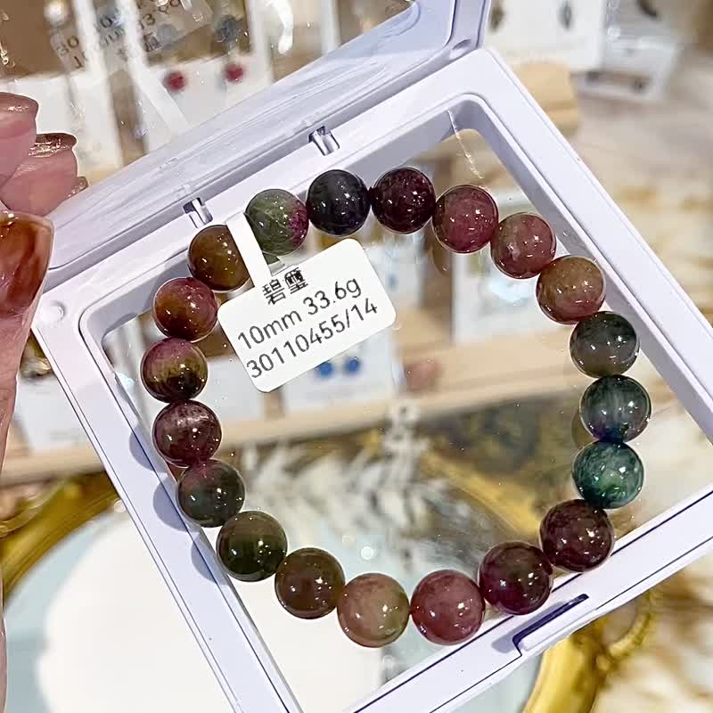 Natural rich color two-color tourmaline 10mm33.6g hand bead bracelet multi-functional magnetic field peach blossom popularity career wealth - Bracelets - Crystal Multicolor