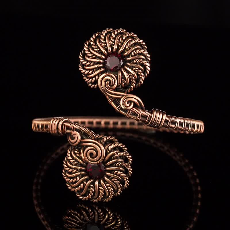 Faceted red glass beads cuff bracelet for woman Copper wire work flower bangle - 手鍊/手鐲 - 琉璃 紅色