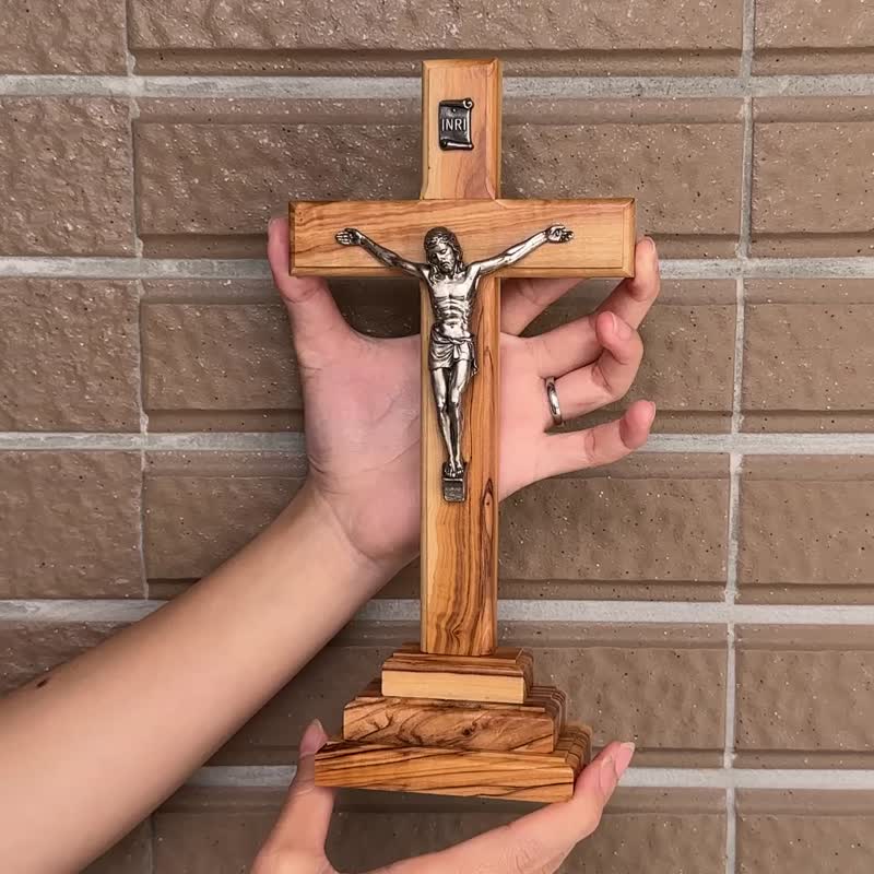 Standing Table Crucifix imported Olive Wood Cross On Wooden Stand Home Decor - Items for Display - Wood Multicolor