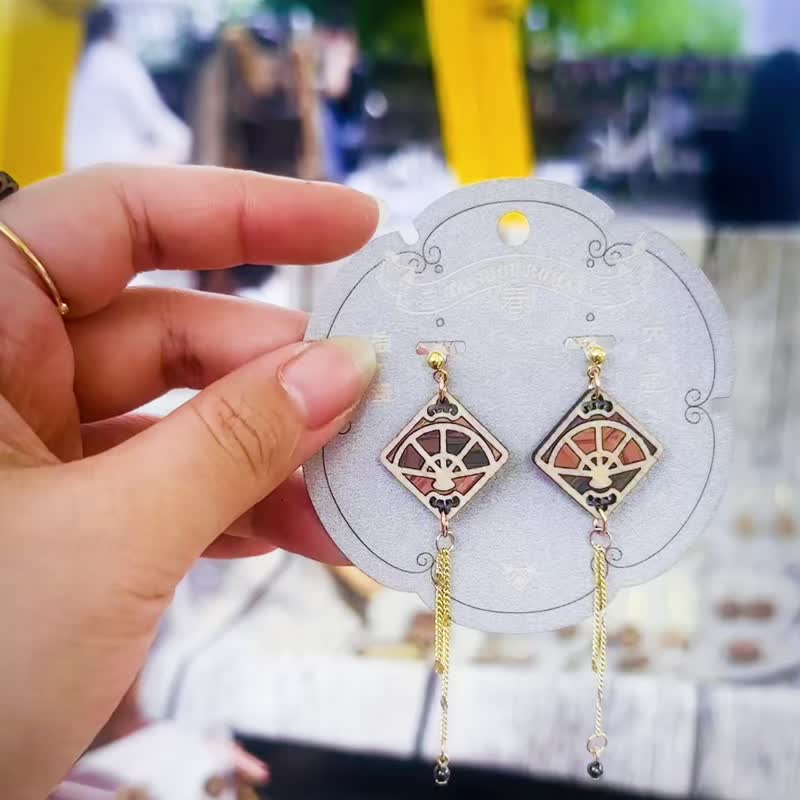 Tasho Romance】扇子 和格子手作り木象嵌ピアス 14Kピアス