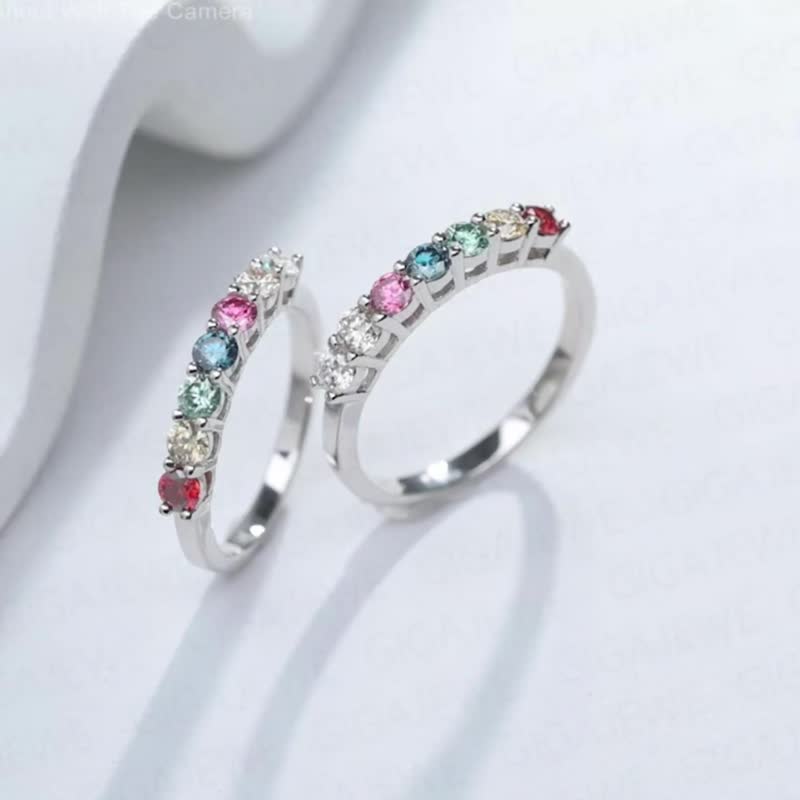 莫桑鑽7連鑽彩鑽戒指 莫桑彩鑽 結婚鑽戒 送給她的禮物 - 戒指 - 鑽石 