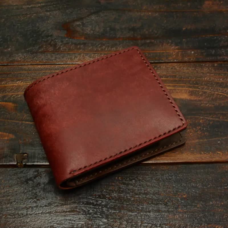 Italian Leather PUEBLO bifold wallet dark red / Hand sewing - Wallets - Genuine Leather Red