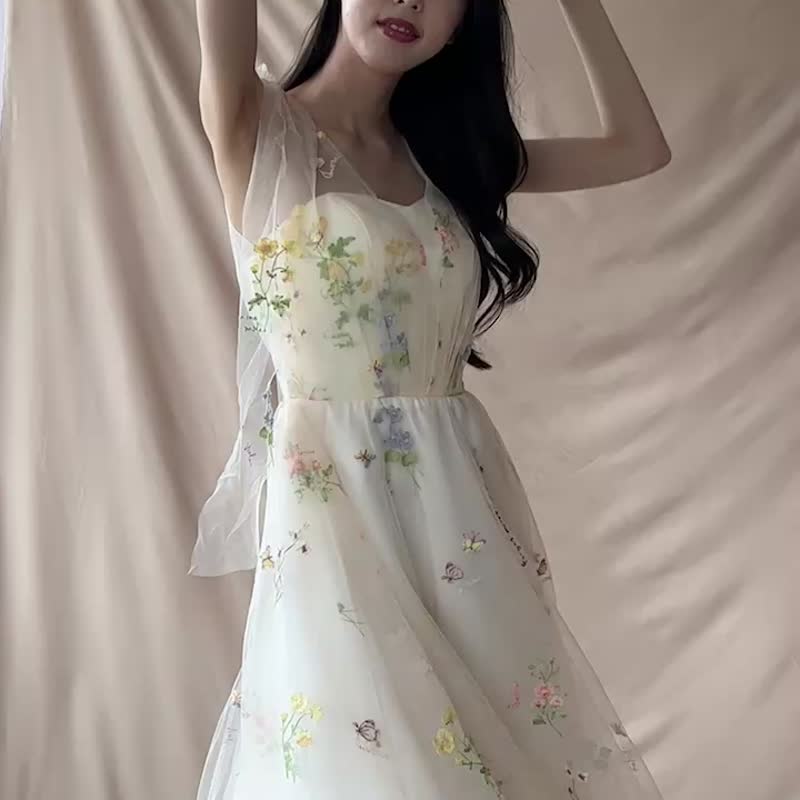 Sample Sale】floral embroidery tulle tea length dress