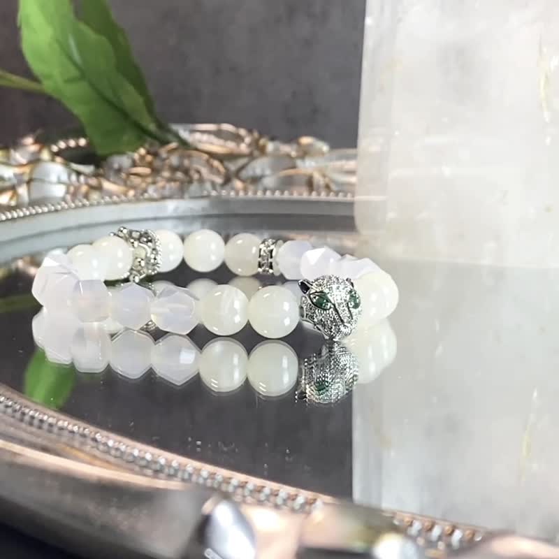 Snow Leopard | Moonstone | Guardian of Love and Peace | Women's Crystal Bracelet - Bracelets - Crystal White