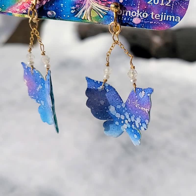 [Snow Butterfly] Earrings Blue Gradient Reversible 14kgf - ต่างหู - โลหะ สีน้ำเงิน