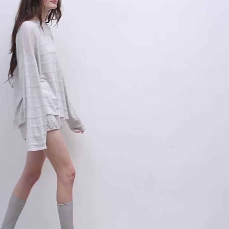 雲母白 鬆弛感 七彩亮絲條紋針織長袖親膚罩衫 - 女裝上衣 - 其他人造纖維 白色