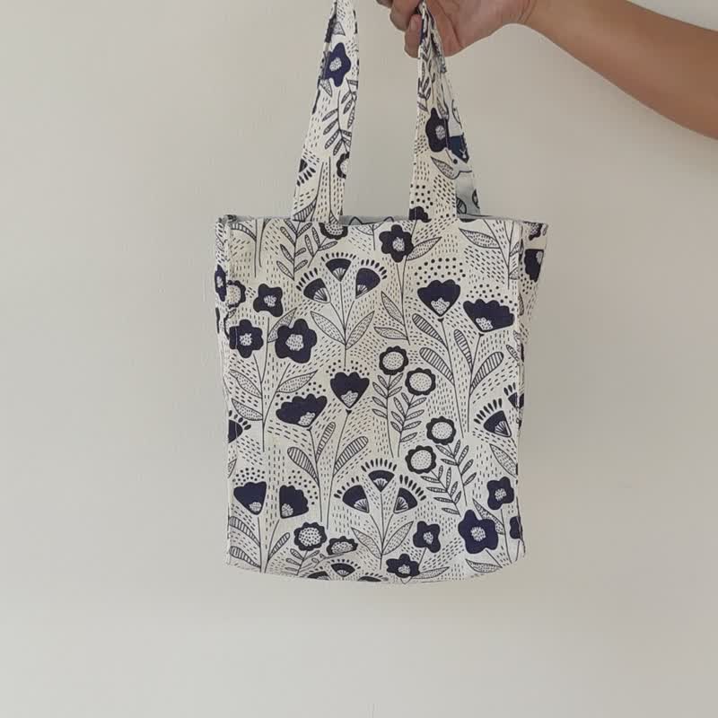 DB Wild Flower - Double Side Handbag Printed Wild Flowers and Cat Face - Handbags & Totes - Cotton & Hemp Blue