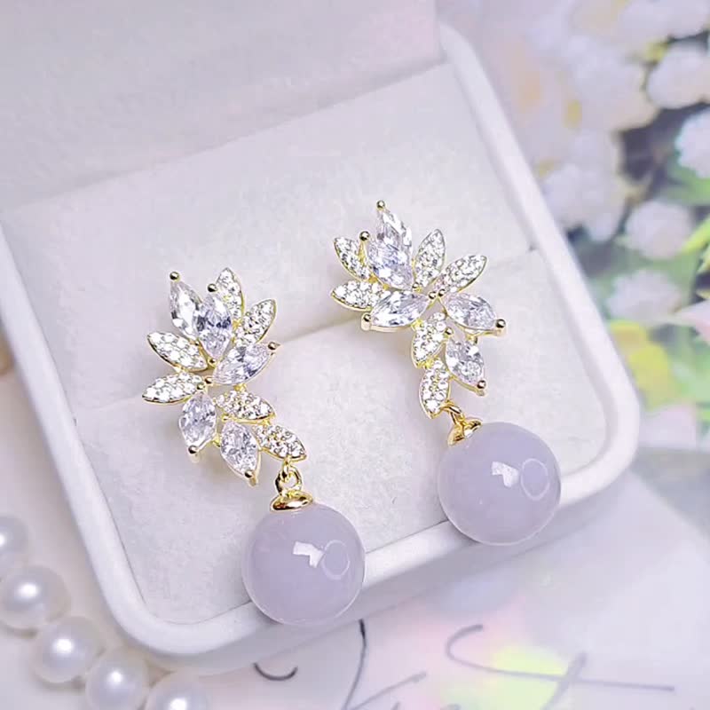 |Noble little fragrance|Natural Burmese grade A jadeite ice pink purple beads sterling silver plated 18k gold luxury earrings - Earrings & Clip-ons - Jade 