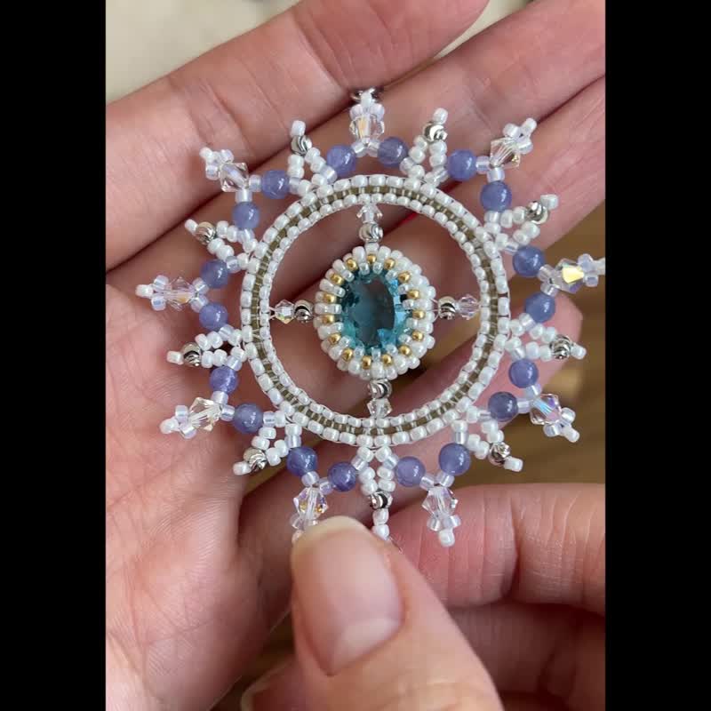 托帕石 雪花 玻璃米珠x天然石 串珠吊墜 配寶石鏈 - 項鍊 - 寶石 白色