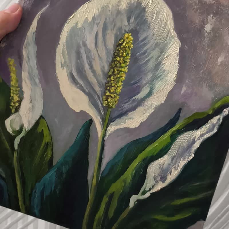 Peace Lily Painting Flower Original Art Peace Lily Oil Painting Floral Artwork - 海報/掛畫/掛布 - 其他材質 白色