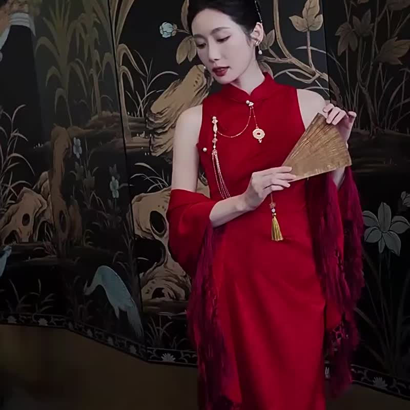 赤嫣 紅色復古無袖新中式提花改良旗袍 復古新娘敬酒服婚禮禮服 - 旗袍/改良式旗袍 - 聚酯纖維 紅色