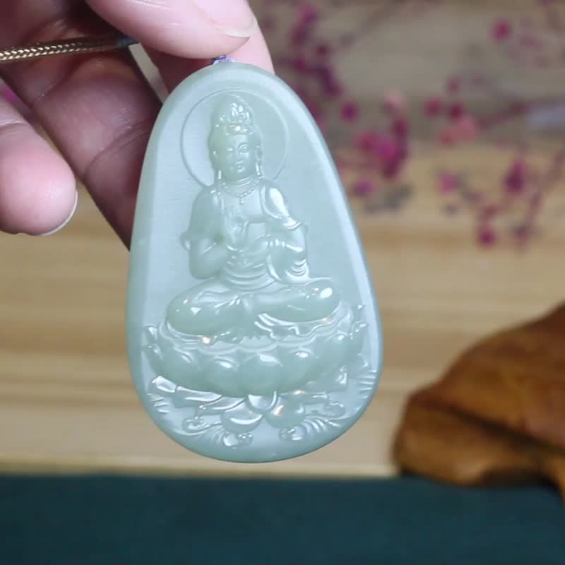 【觀音菩薩】精品玉墜/蓮花觀世音掛件/天然和田玉吊墜/男士禮物 - 項鍊 - 玉石 綠色