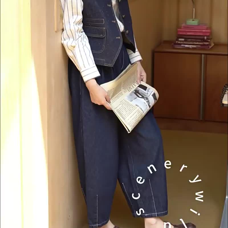藏青色 文藝又俏皮 日系雜誌FUDGE女孩復古牛仔褲 鬆緊腰闊腿寬褲 - 女長褲 - 棉．麻 藍色