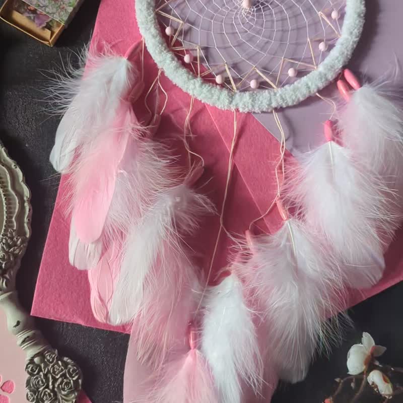 Pink kitten dream catcher | Cat owner gift idea | Love cats | Kitty dreamcatcher - 壁貼/牆壁裝飾 - 繡線 粉紅色