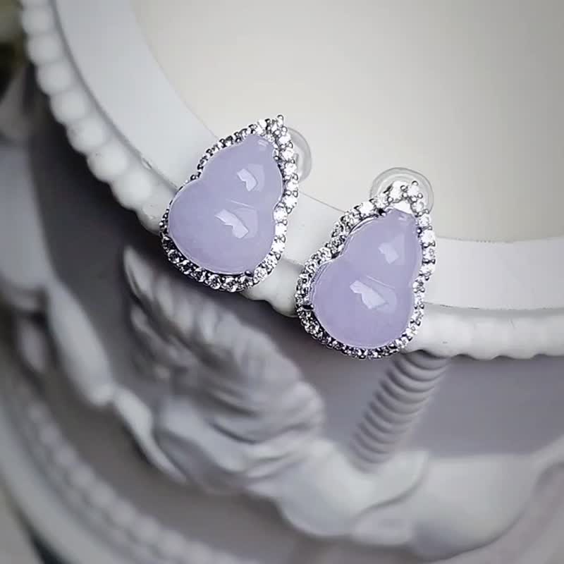 Lucky, Noble, and Full of Fortune|Fantasy Light Ice Barbie Pink and Purple Gourd|Myanmar A-quality Jadeite Sterling Silver Earrings - Earrings & Clip-ons - Jade 