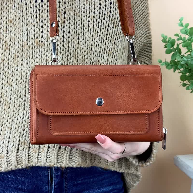 Women Leather Crossbody Bag with Phone Pocket / Small Shoulder Bag - Wallets - Genuine Leather Brown