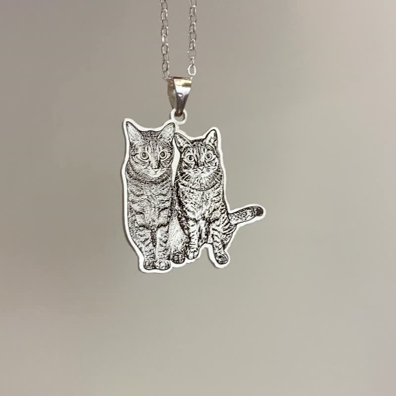 純銀照片影雕 2主體 毛小孩 生日禮物 雕刻 客製 狗 貓 紀念 項鍊 - 項鍊 - 純銀 銀色