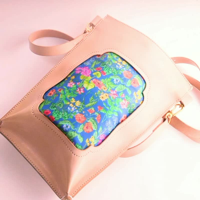 【SS23】本革ー手縫いーリバテープリントと牛革きなりのショルダーバッグーブルー小花 - 側背包/斜背包 - 真皮 藍色