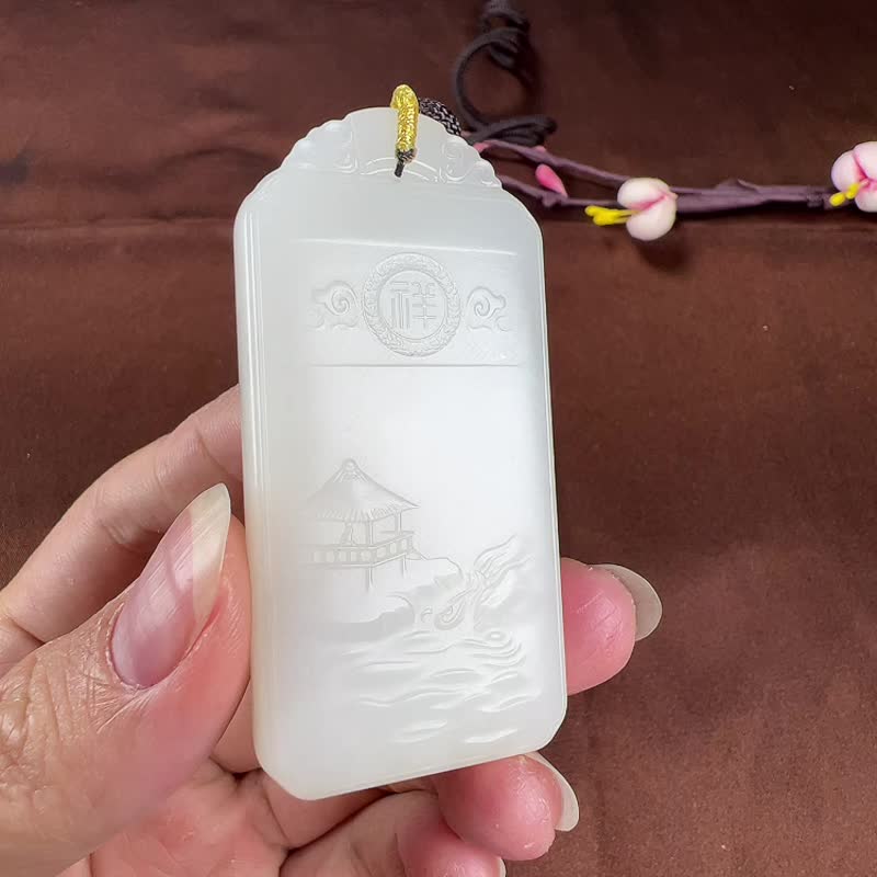 天然新疆和田玉羊脂玉山水意境吊墜玉質細膩溫潤色澤柔和匠工藝 - 吊飾/掛飾 - 玉石 