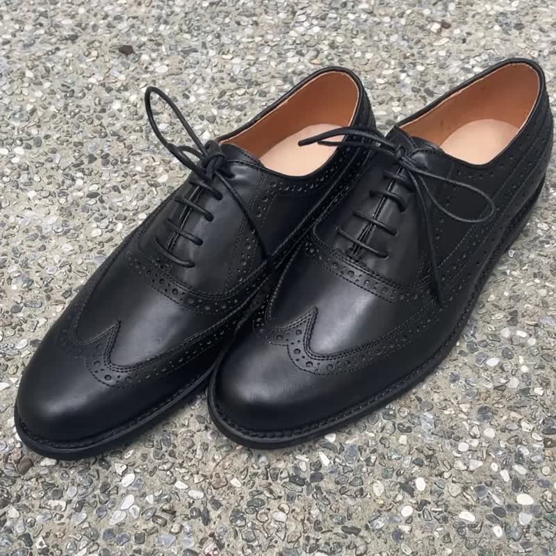 Handmade Goodyear Welt Oxford Brougues Shoes Bespoke Customize - รองเท้าบูธผู้ชาย - หนังแท้ สีดำ