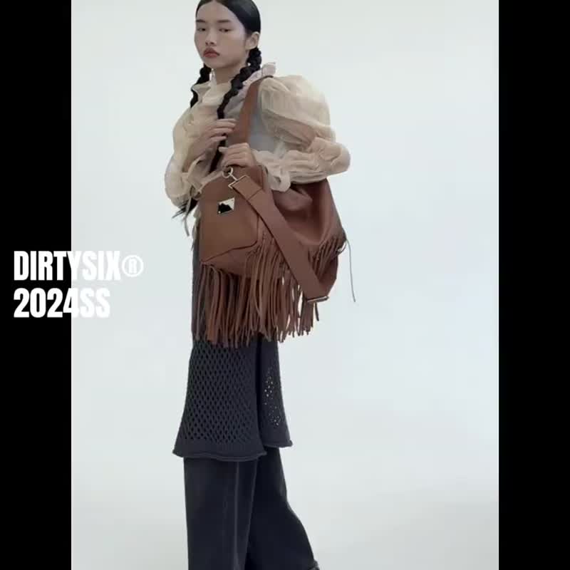 黃棕色 西野大扎克 大容量機車方包 嬉皮士流蘇 肩背包 - 側背包/斜背包 - 人造皮革 咖啡色