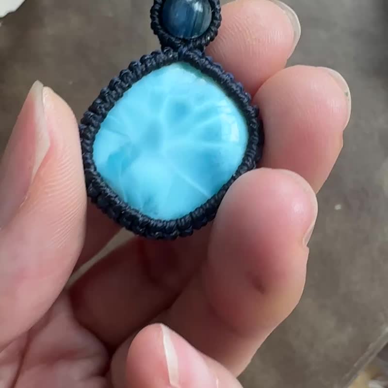 CSP78 蠟線編織 拉利瑪 (海紋石)  藍晶石珠 頸鏈 (可調長度) - 項鍊 - 寶石 藍色