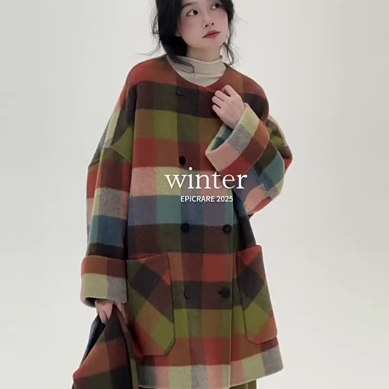 安徒生童話 彩虹格紋帶圍巾雙面尼外套 文藝女主長款料大衣 - 女大衣/外套 - 羊毛 多色