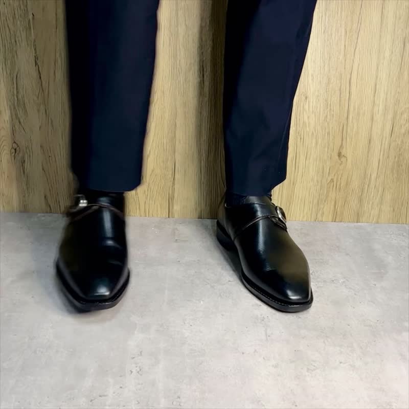 Handmade Goodyear Welt Single Strap Monk Shoes Bespoke Customize - รองเท้าบูธผู้ชาย - หนังแท้ สีดำ