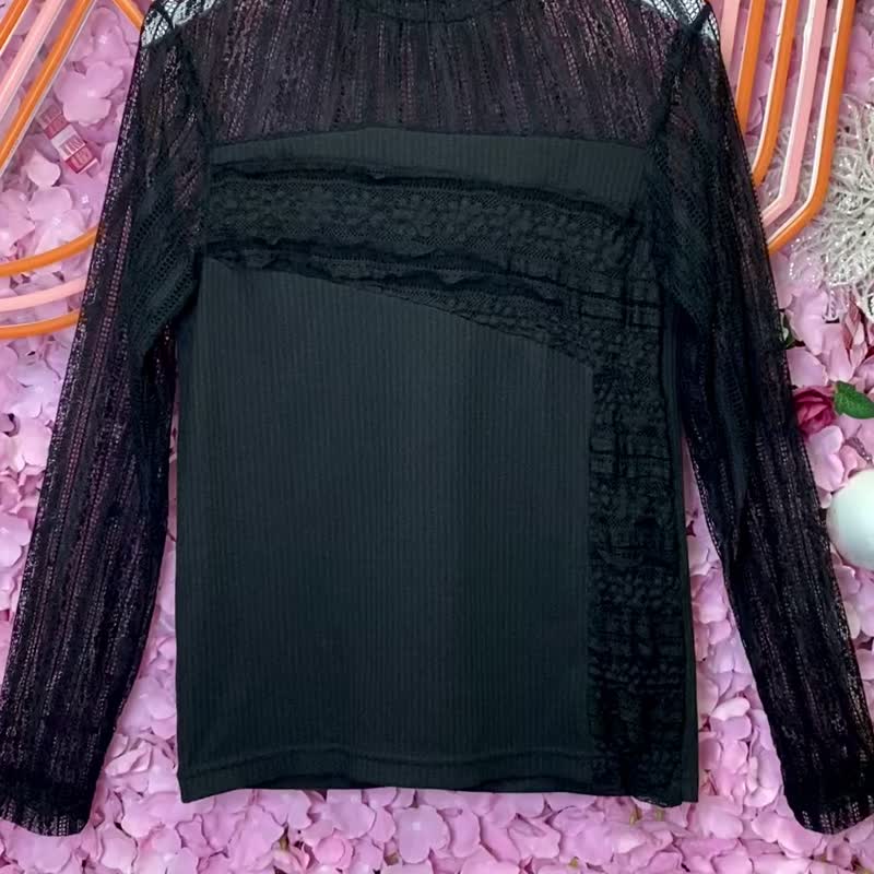 OTT Unique•Unique Japanese black lace patchwork knitted top - Women's Tops - Cotton & Hemp Black