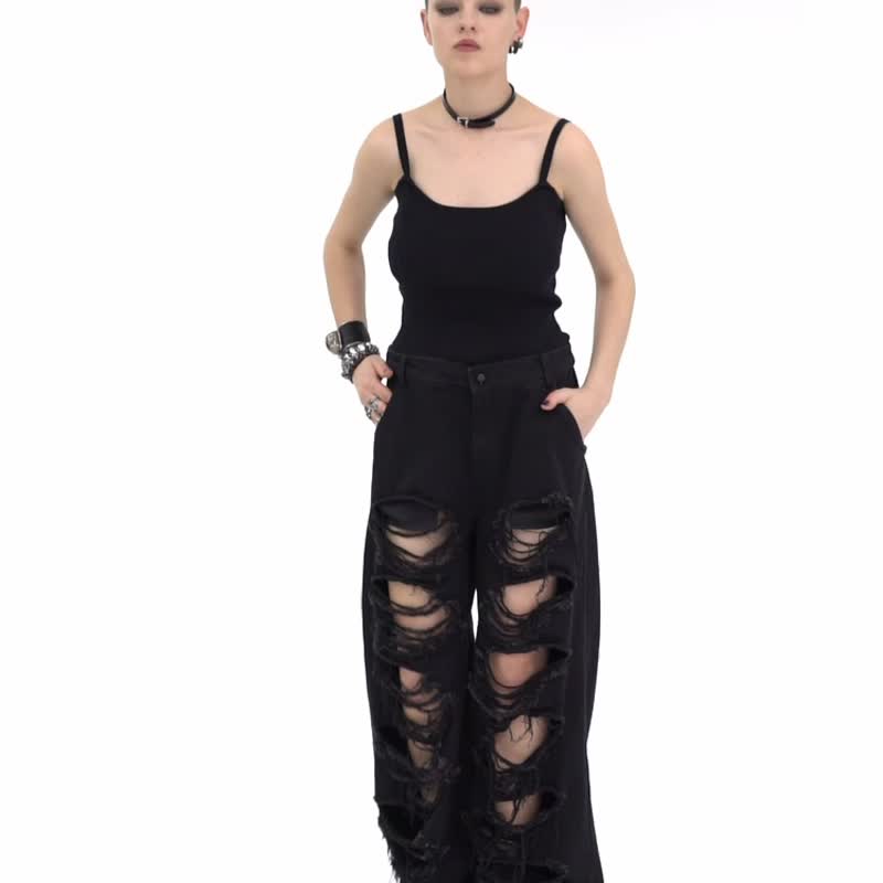 Punk Apartment Fortune Teller Hip-hop Jeans - Multicolor / Black Only / Retractable Legs / Faux Two Piece - กางเกงขายาว - วัสดุอื่นๆ สีดำ