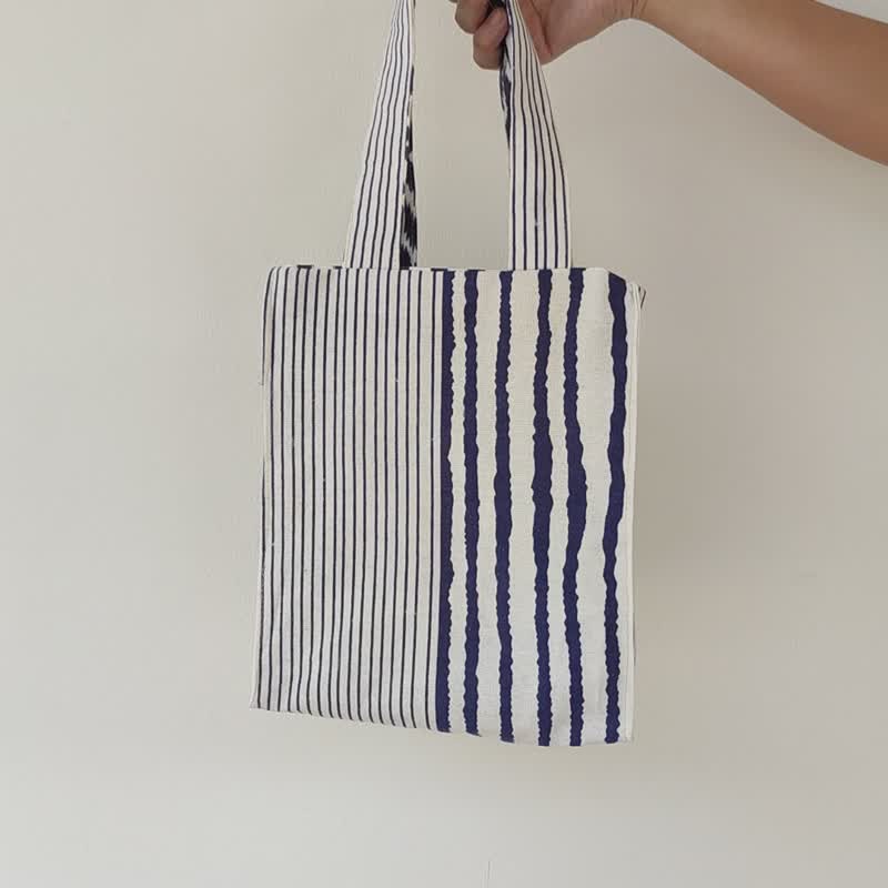 DB Thai Pattern - Double Side Handbag Printed Thai Pattern and Strips - Handbags & Totes - Cotton & Hemp Blue