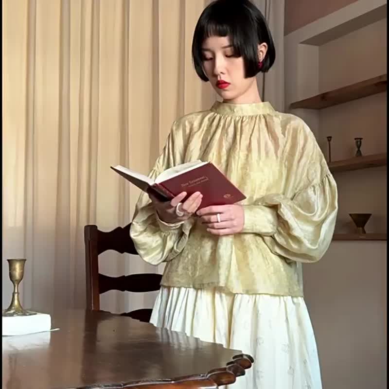 暖黃柚花 新中式復古襯衫上衣 玫瑰印花半身裙長裙 - 女襯衫 - 棉．麻 黃色